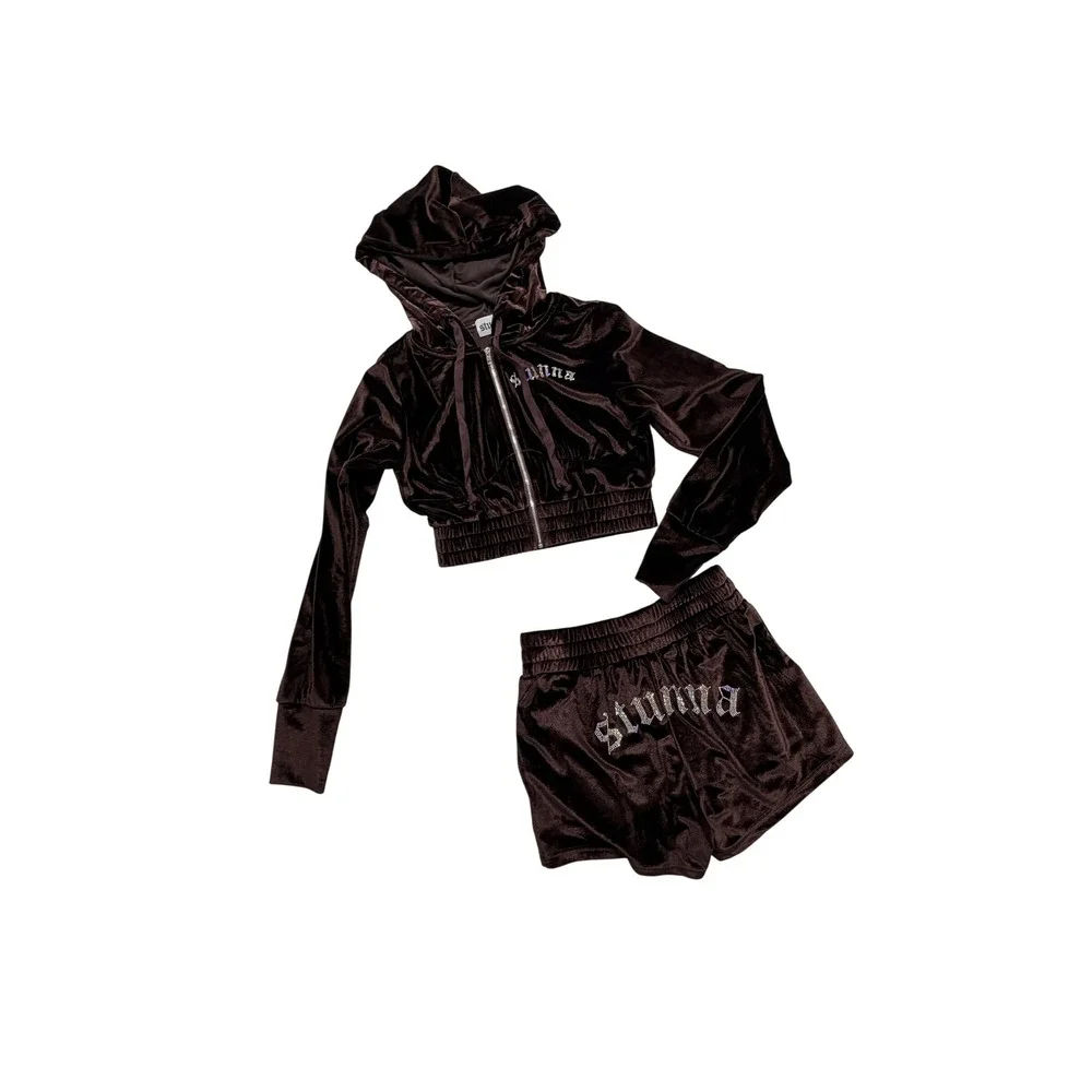 Stunna Set Brown Velvet Velour Rhinestone Cropped Hoodie Shorts S New